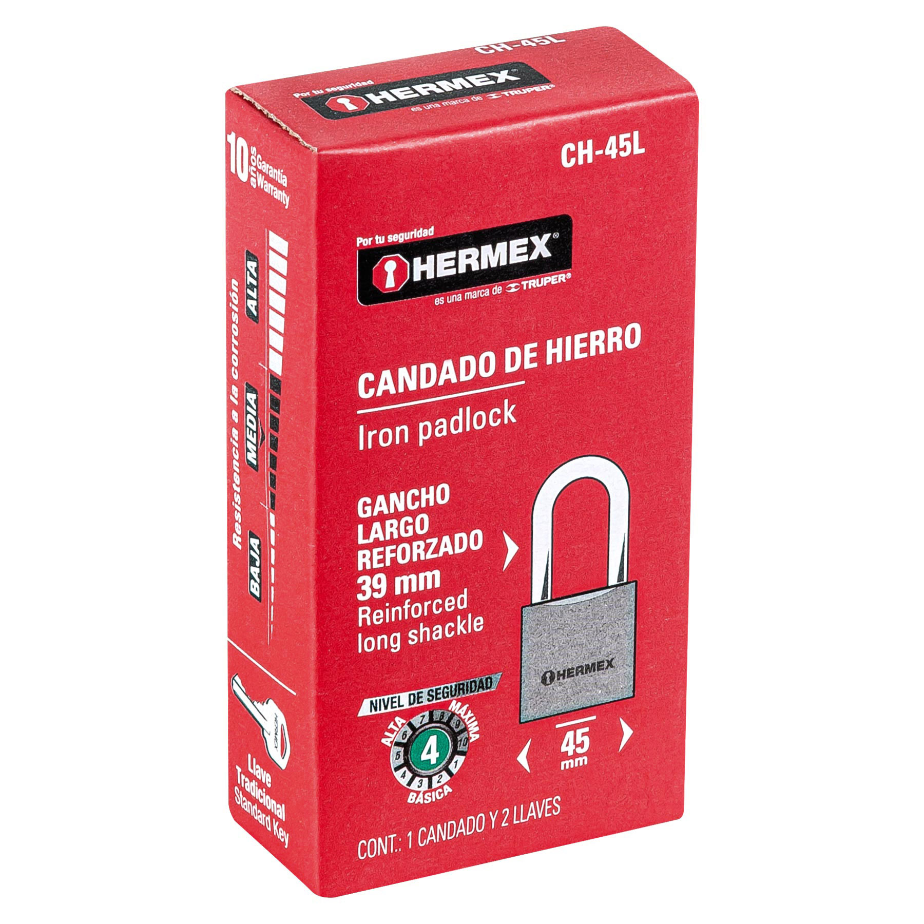 CANDADO DE HIERRO 45 MM GANCHO LARGO EN CAJA