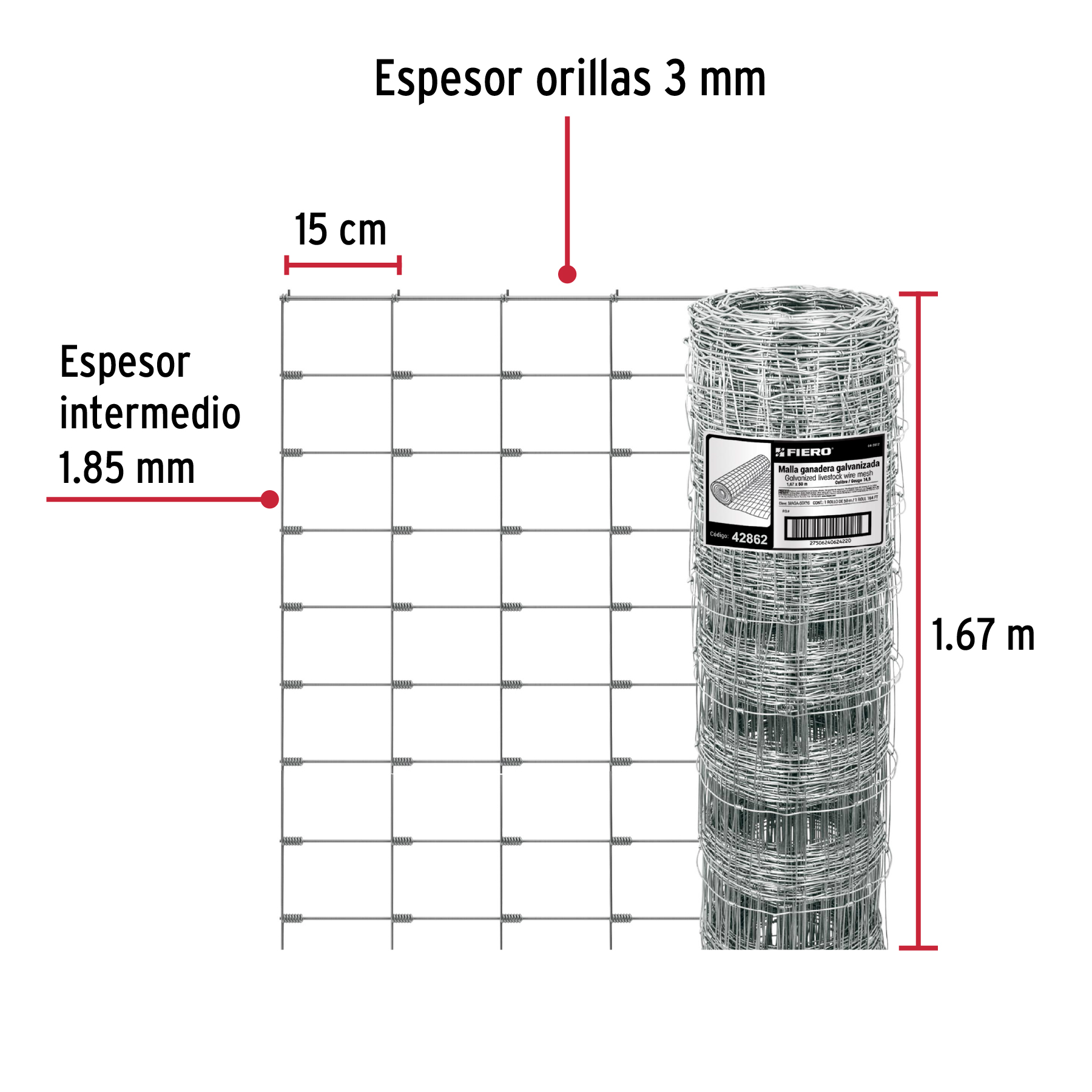 ROLLO MALLA BORREGUERA, 1.67M X 50M ACERO GALVANIZADO, 28KG