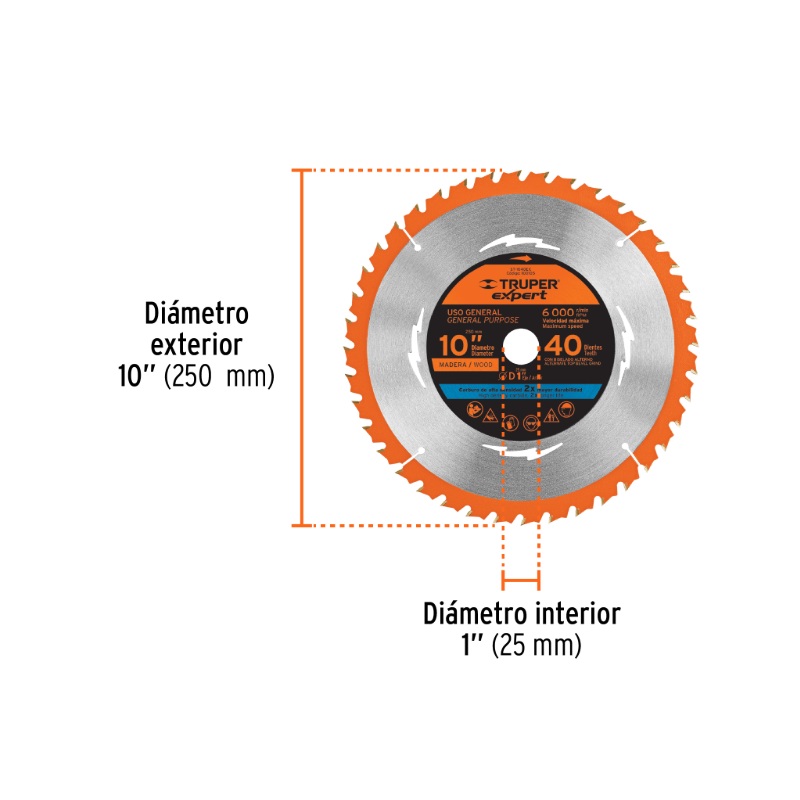 DISCO SIERRA 10" PARA MADERA, 40 DIENTES CENTRO 1", EXPERT