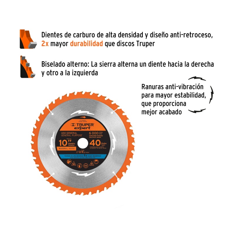 DISCO SIERRA 10" PARA MADERA, 40 DIENTES CENTRO 1", EXPERT