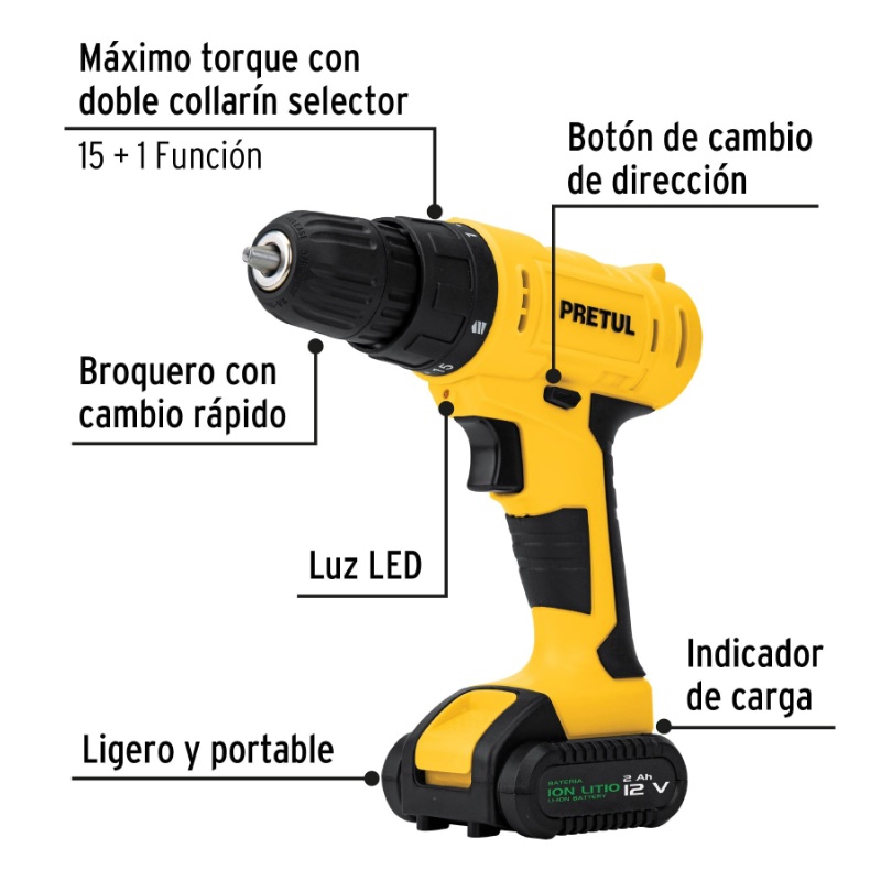 KIT TALADRO 3/8", 12V, 33 ACCESORIOS, EN ESTUCHE, PRETUL