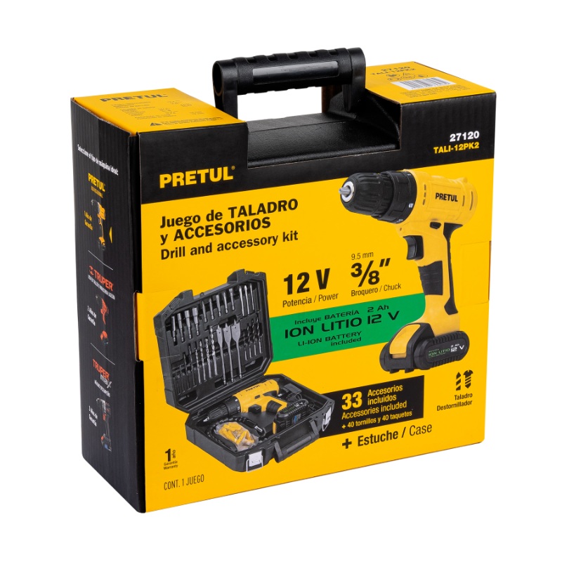 KIT TALADRO 3/8", 12V, 33 ACCESORIOS, EN ESTUCHE, PRETUL
