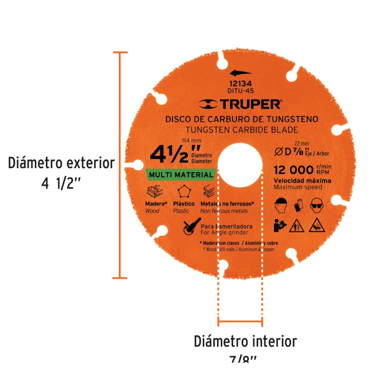 DISCO 4-1/2" MULTIMATERIAL DE CARBURO DE TUNGSTENO, TRUPER