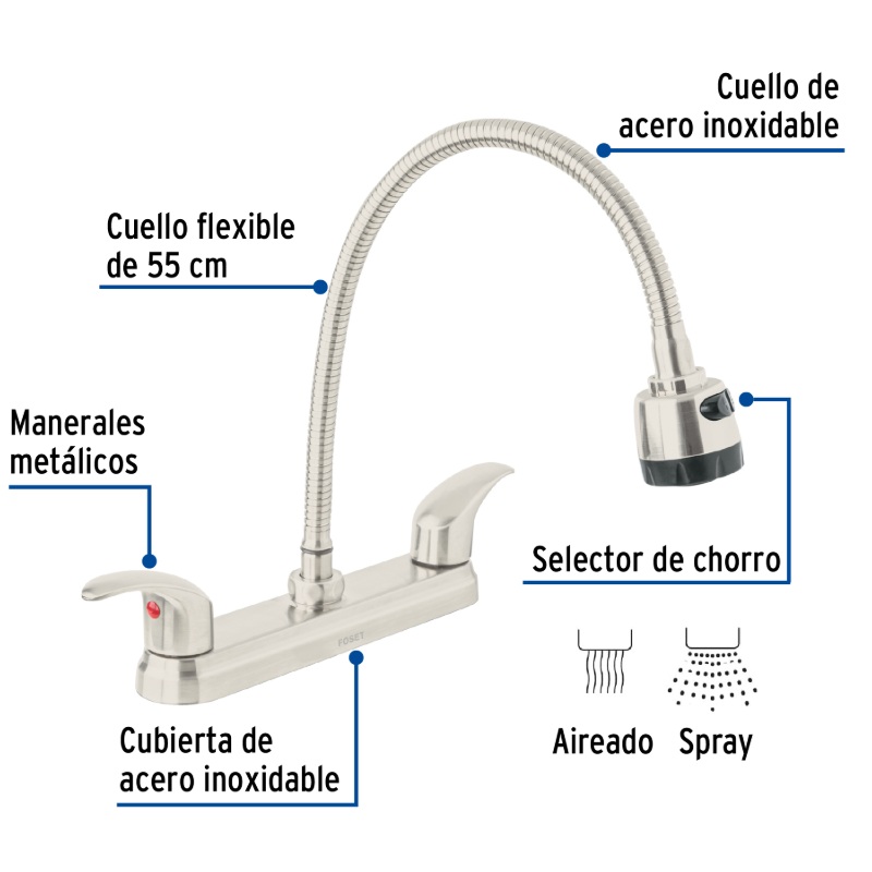 MEZCLADORA 8" P/FREGADERO, FLEXIBLE, PALANCA, SATÍN, AQUA