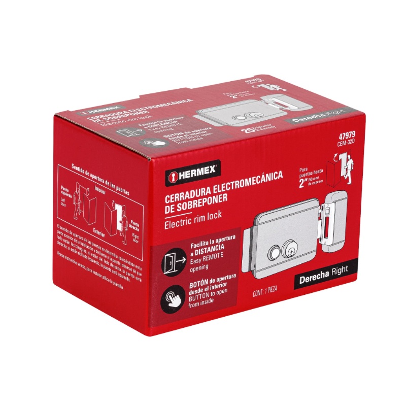 CERRADURA ELECTROMECÁNICA CON BOTÓN, DERECHA, HERMEX