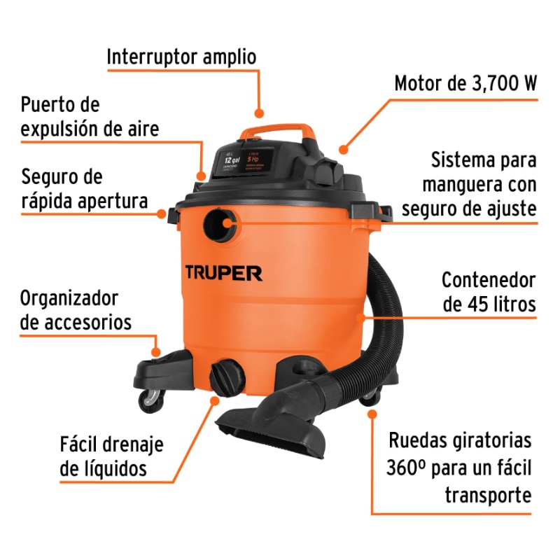 ASPIRADORA DE SÓLIDOS Y LÍQUIDOS, 12 GAL, PLÁSTICA, TRUPER