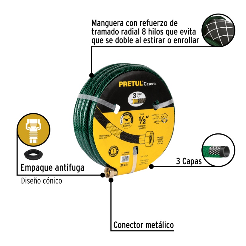 MANGUERA 1/2" REFORZADA 3 CAPAS CONEXIONES METAL 20M, PRETUL