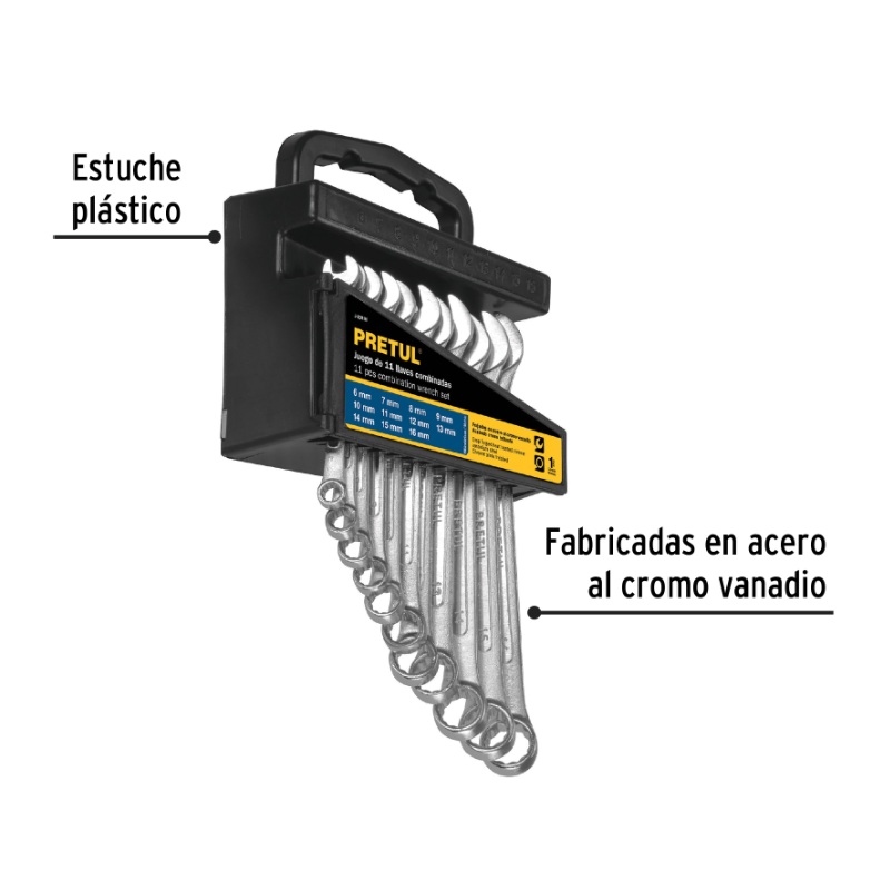 JUEGO DE 11 LLAVES COMBINADAS MM, PRETUL