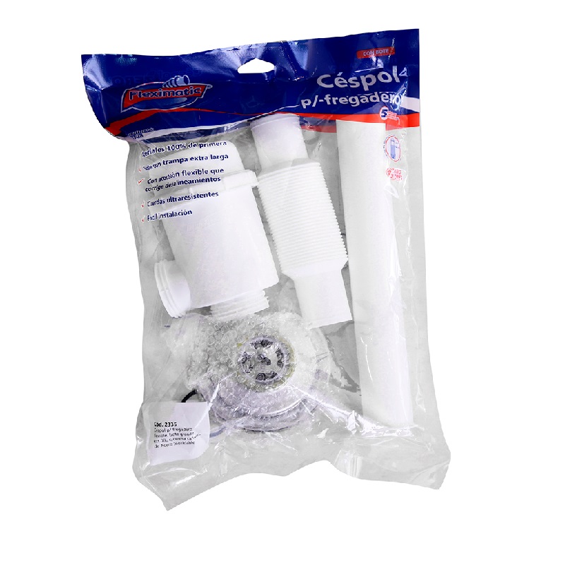 CÉSPOL PARA FREGADERO CON CONTRACANASTA DE ACERO INOXIDABLE, BOTE GRANDE, TUBO CEJA DE 25 CM, EXTENSIÓN FLEXIBLE DE 55 CM