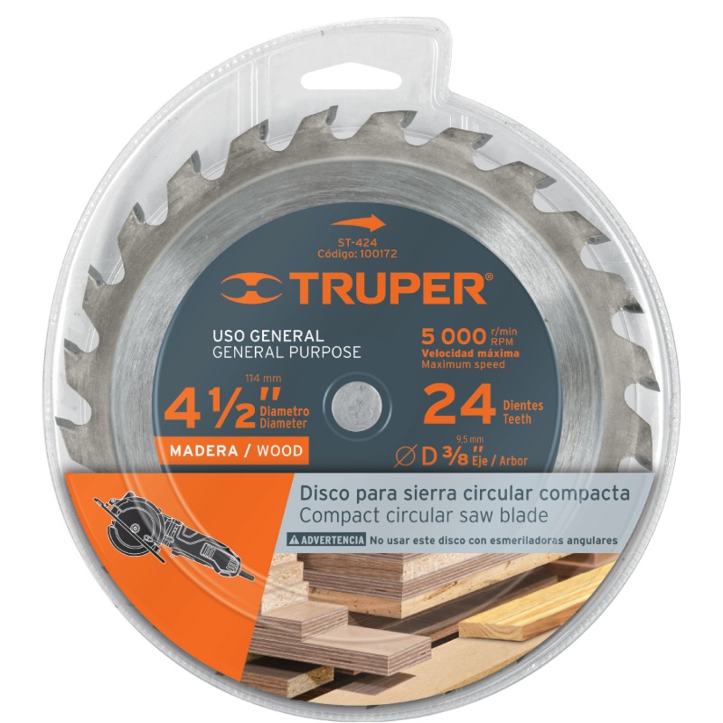 DISCO SIERRA 4-1/2" PARA MADERA, 24 DIENTES CENTRO 3/8