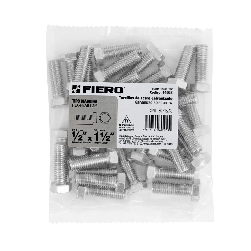 BOLSA CON 30 TORNILLOS 1/2" X 1-1/2" TIPO MÁQUINA, FIERO