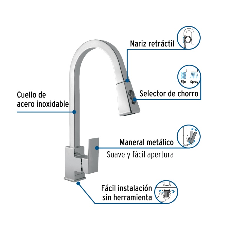 MONOMANDO NARIZ RETRACTIL PARA FREGADERO, CROMO, FOSET KUBO