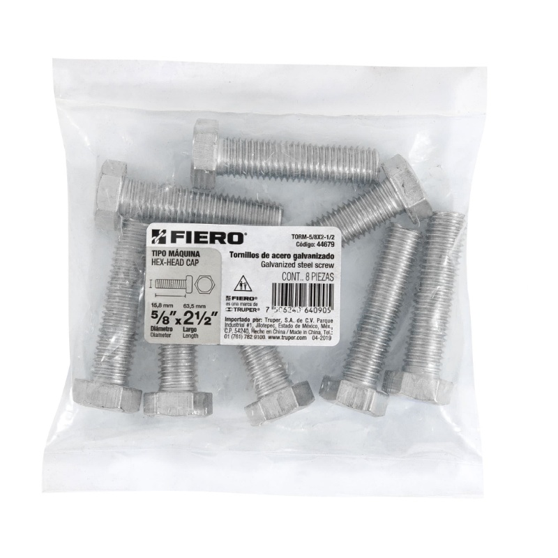 BOLSA CON 8 TORNILLOS 5/8" X 2-1/2" TIPO MÁQUINA, FIERO