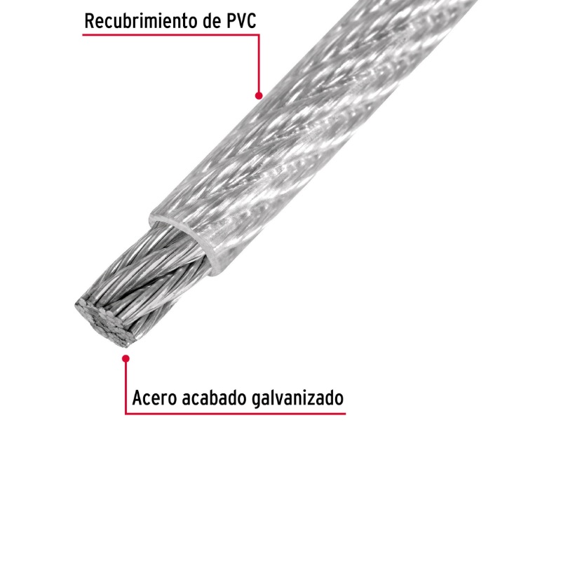 METRO DE CABLE RÍGIDO 3/32" ACERO 7X7 RECUBIERTO PVC, 75 M