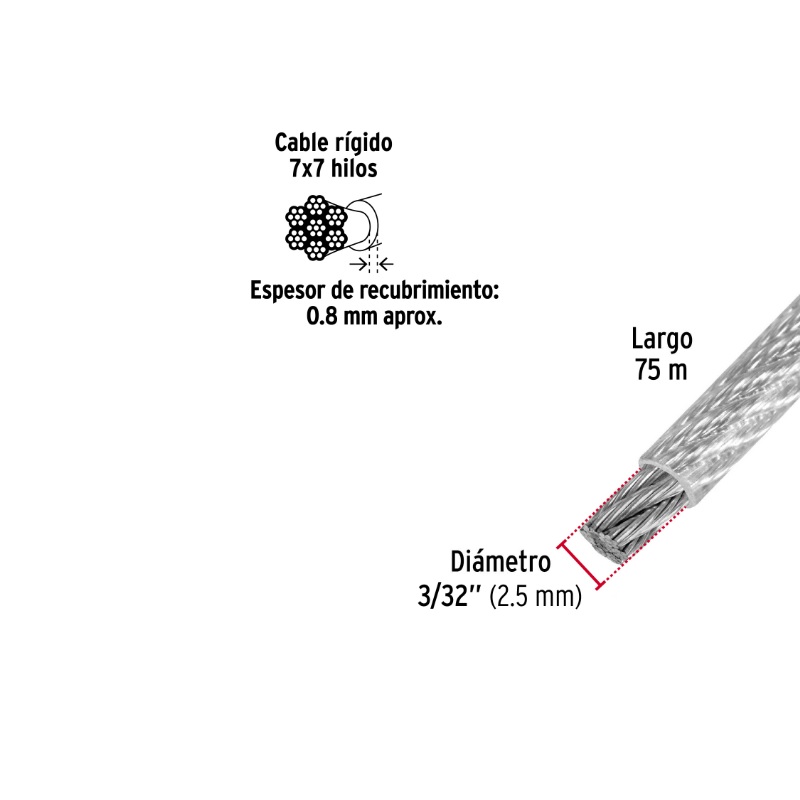 METRO DE CABLE RÍGIDO 3/32" ACERO 7X7 RECUBIERTO PVC, 75 M