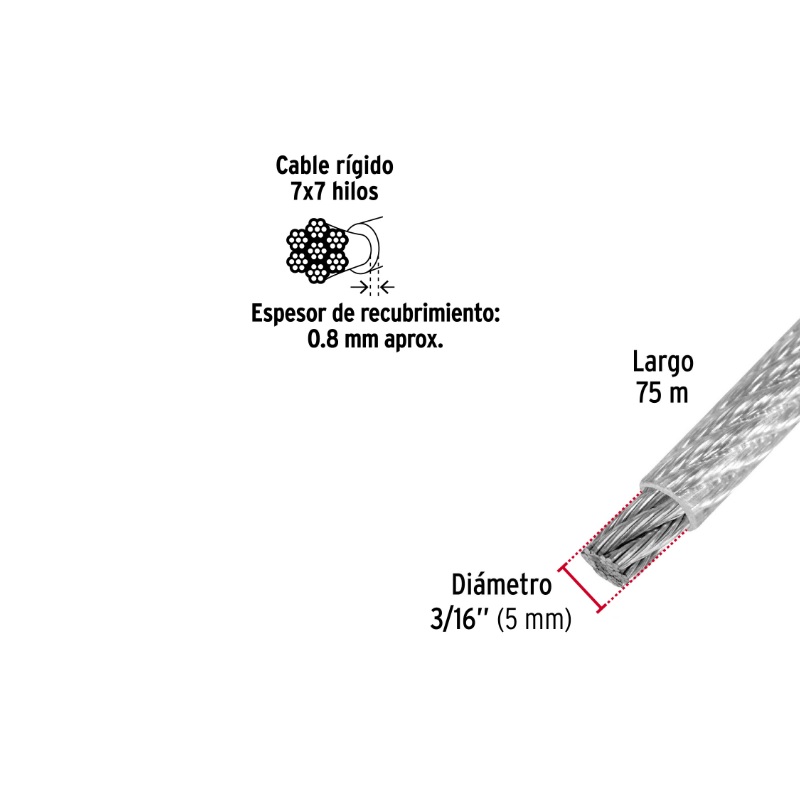 METRO DE CABLE RÍGIDO 3/16" ACERO 7X7 RECUBIERTO PVC, 75 M