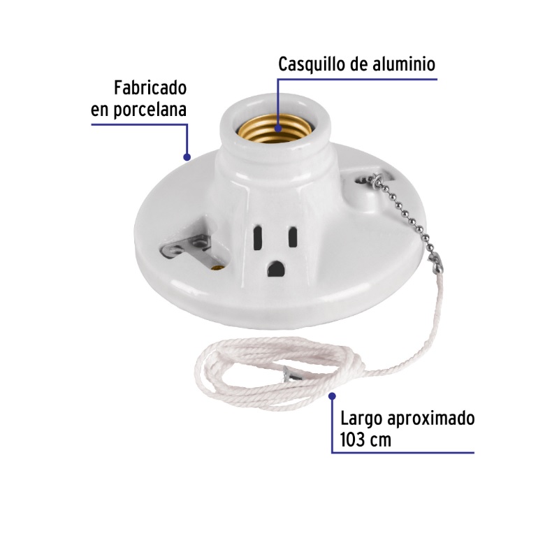 PORTALÁMPARA DE PORCELANA, CON LADRÓN Y CADENA, VOLTECK