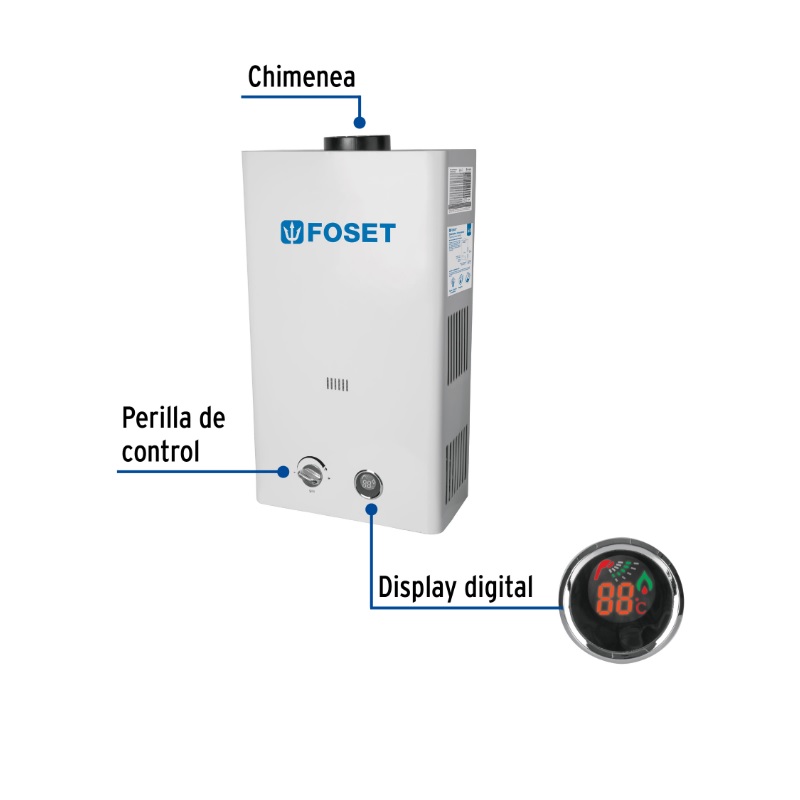 CALENTADOR INSTANTÁNEO, 13L, 3 SERVICIOS, GAS LP, FOSET