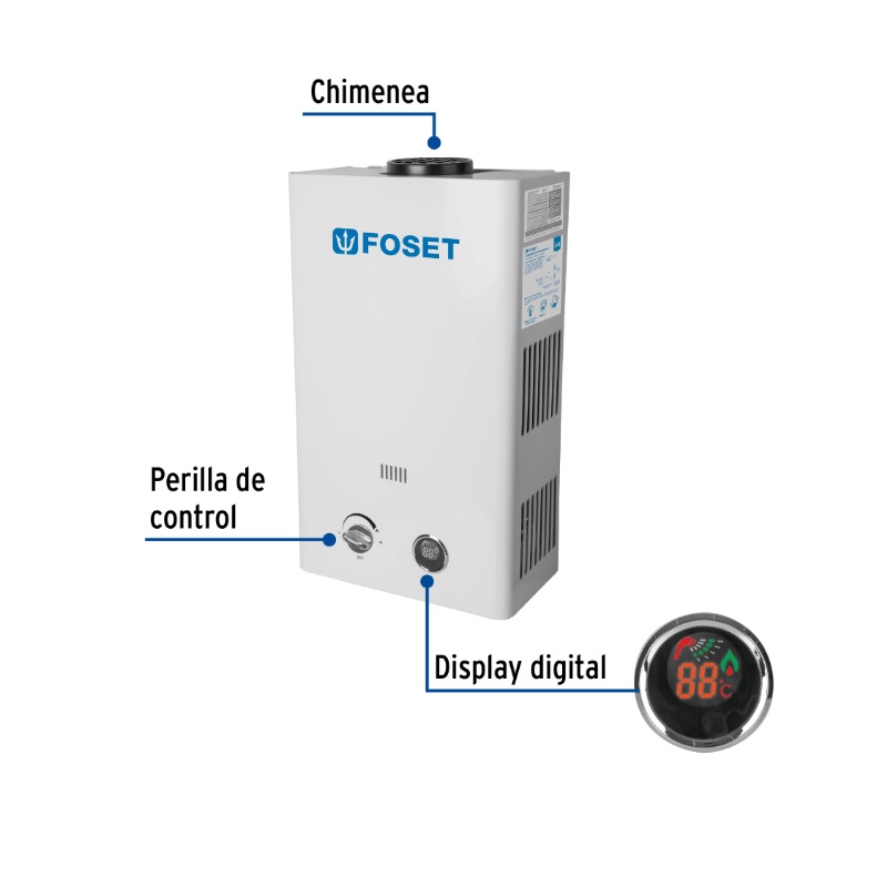 CALENTADOR INSTANTÁNEO, 11L, 2 SERVICIOS, GAS LP, FOSET
