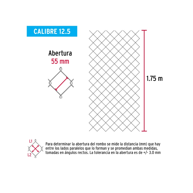 ROLLO MALLA CICLÓNICA CAL.12.5, 1.75X20M, ABERTURA 55MM 46KG