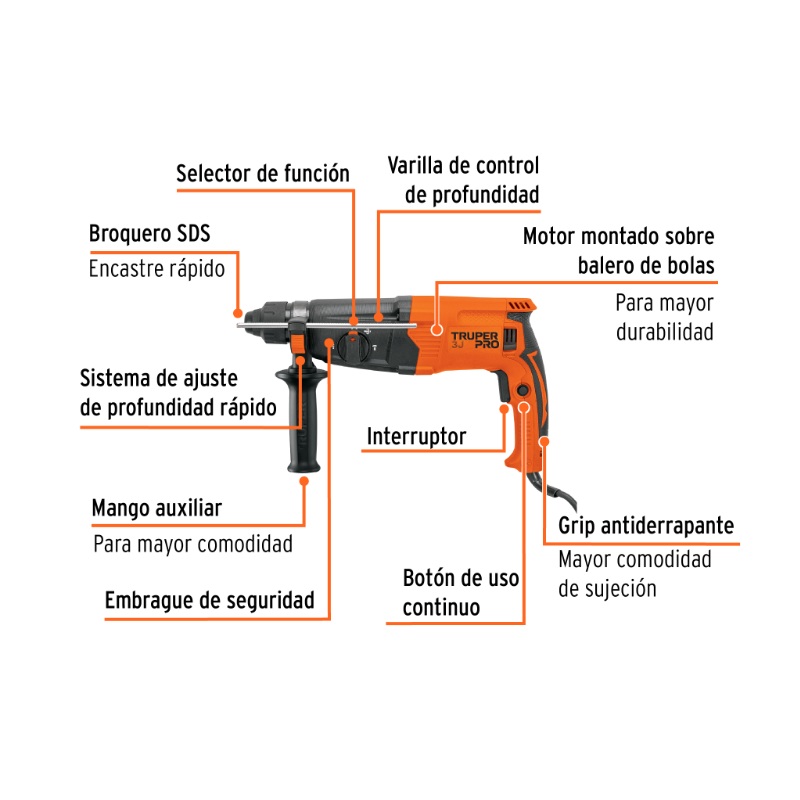 ROTOMARTILLO SDS PLUS/DESTORNILLADOR 3.2 J, 800W, TRUPER PRO