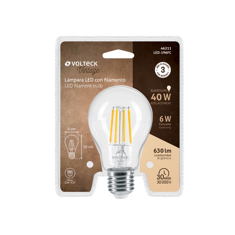 FOCO LED FILAMENTO 6 W, A19, 2700K LUZ AMBAR, E26, VOLTECK