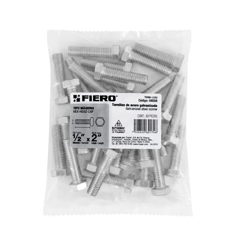 BOLSA CON 30 TORNILLOS 1/2" X 2" TIPO MÁQUINA, FIERO